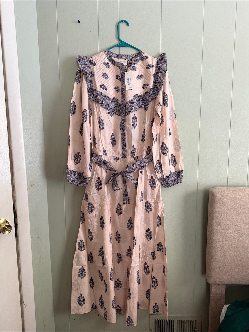 SONMER Blush Pink Maxi Dress with Navy Floral Print and Tie Waist PTO PIT 20